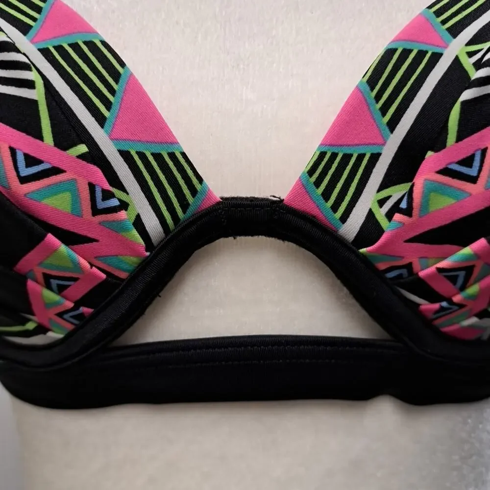 Coco Rave Bikini Swim Top Womens 34 B/C Cup Black Neon Geo Print Underwire Beach